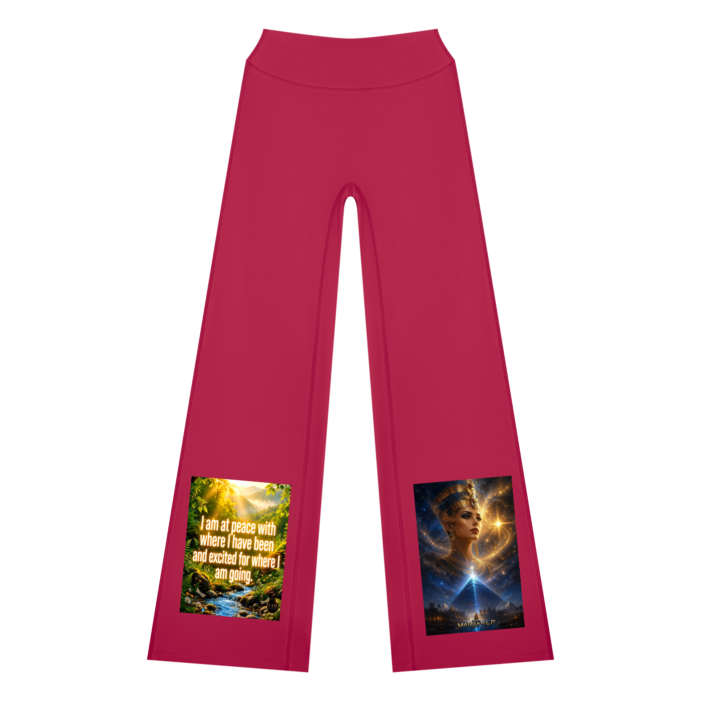 Bright pink cropped leggings with printed graphic designs on both lower legs, shown flat against a white background.