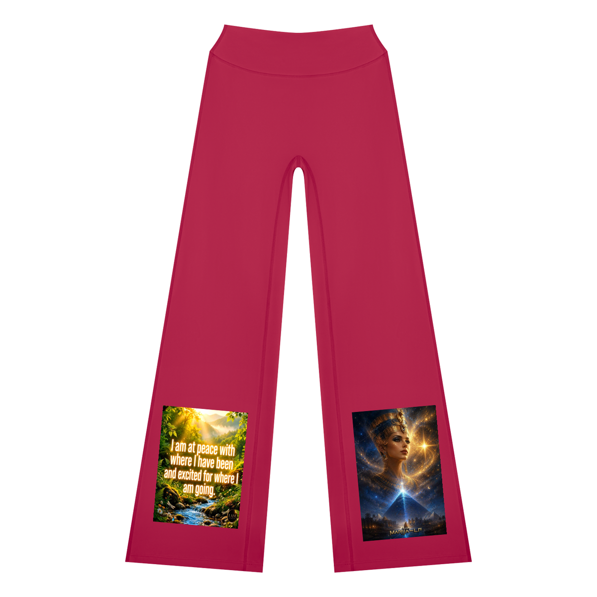Bright pink cropped leggings with printed graphic designs on both lower legs, shown flat against a white background.