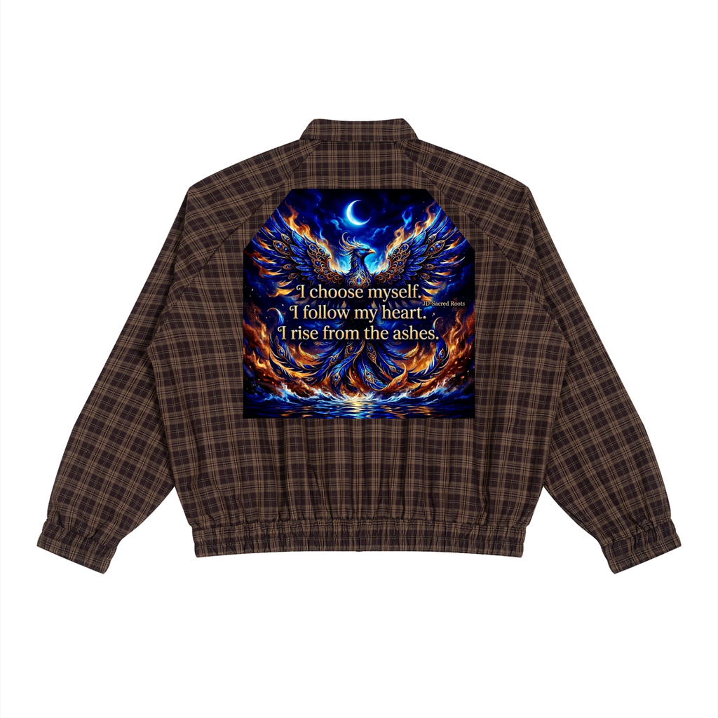 A brown and black plaid bomber jacket shown from the back, featuring a large graphic print of a glowing blue phoenix with flames and the quote 'I choose myself. I follow my heart.