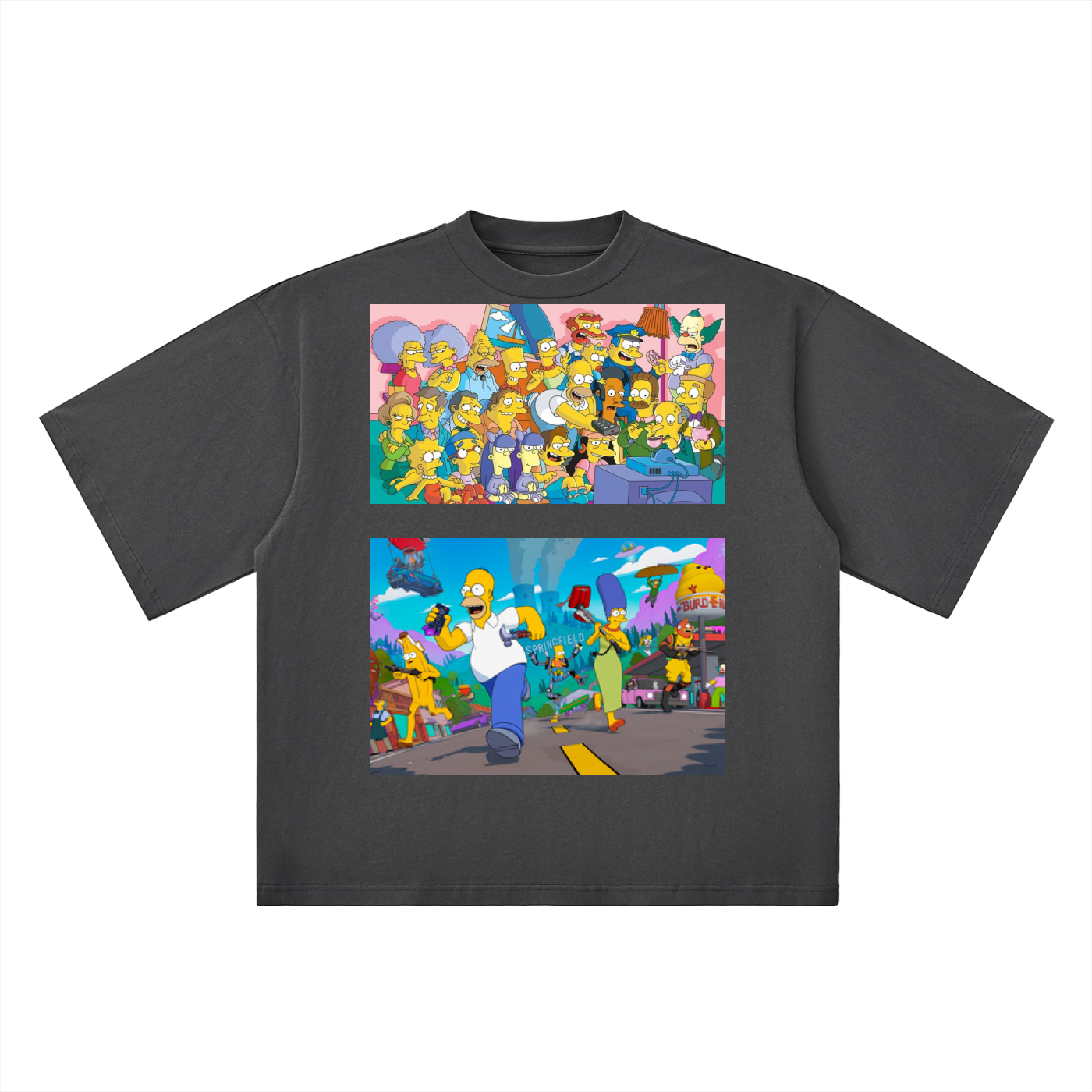 Black t-shirt with colorful graphic of 'The Simpsons' characters on a white background