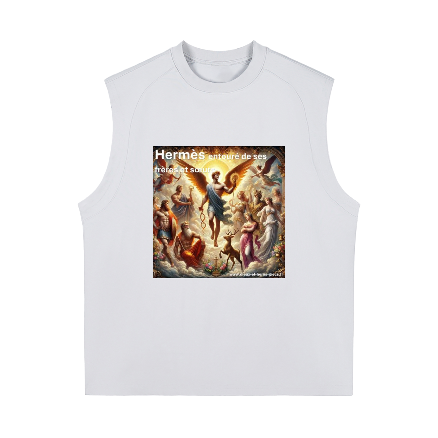 White sleeveless shirt with a graphic design featuring 'Hermes' on a white background