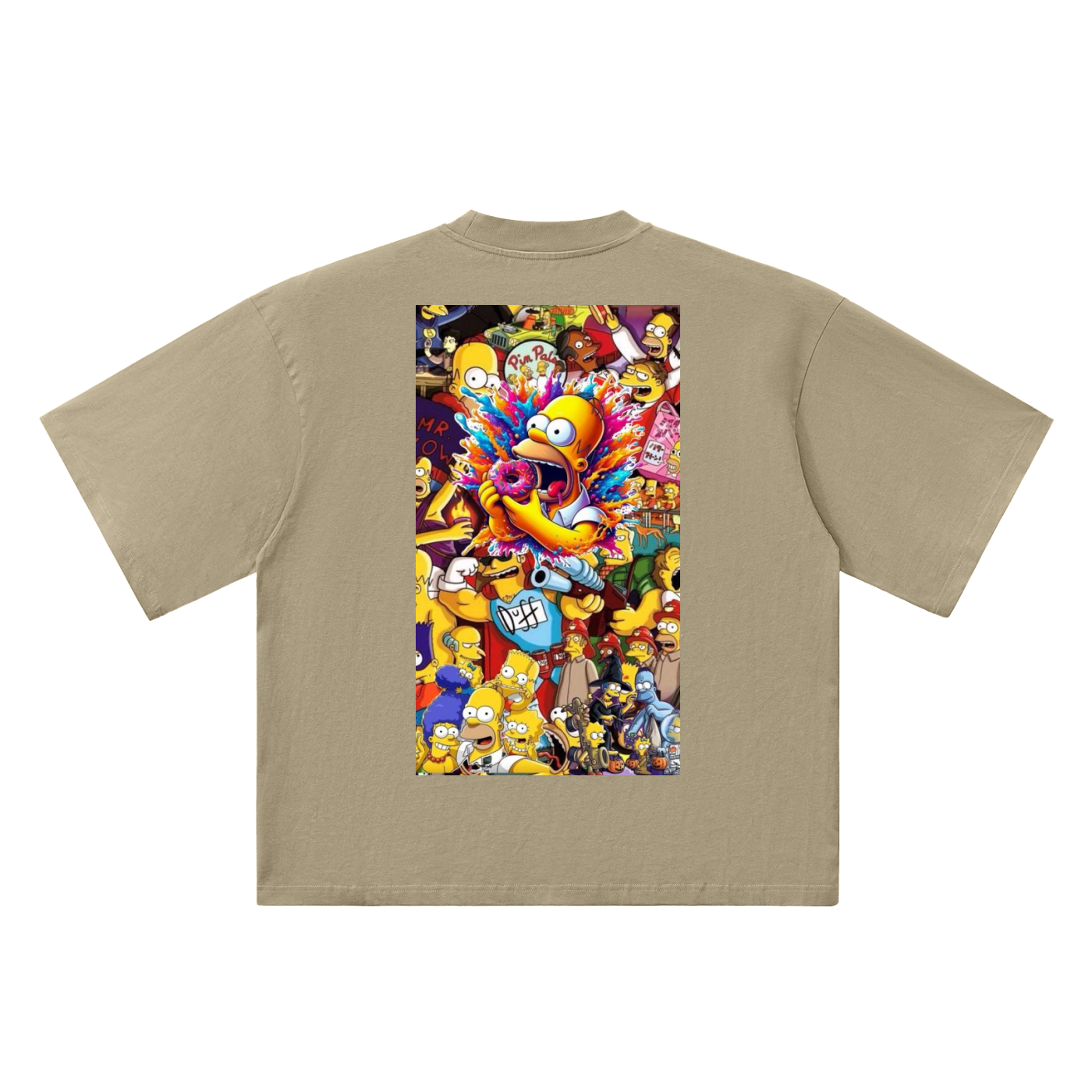 Beige t-shirt with colorful cartoon character graphic on a white background