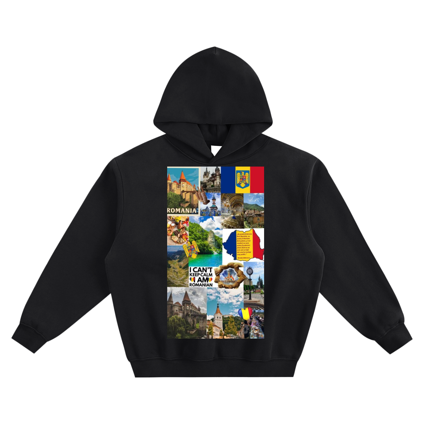 Black hoodie with a colorful collage design on a white background