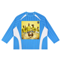 Blue and white long-sleeve shirt with a soccer-themed graphic on a white background