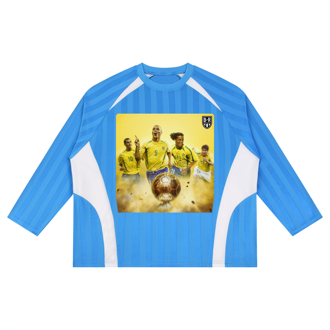 Blue and white long-sleeve shirt with a soccer-themed graphic on a white background