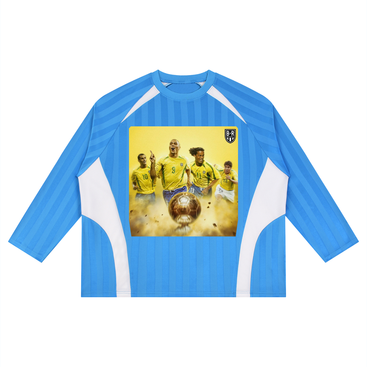 Blue and white long-sleeve shirt with a soccer-themed graphic on a white background