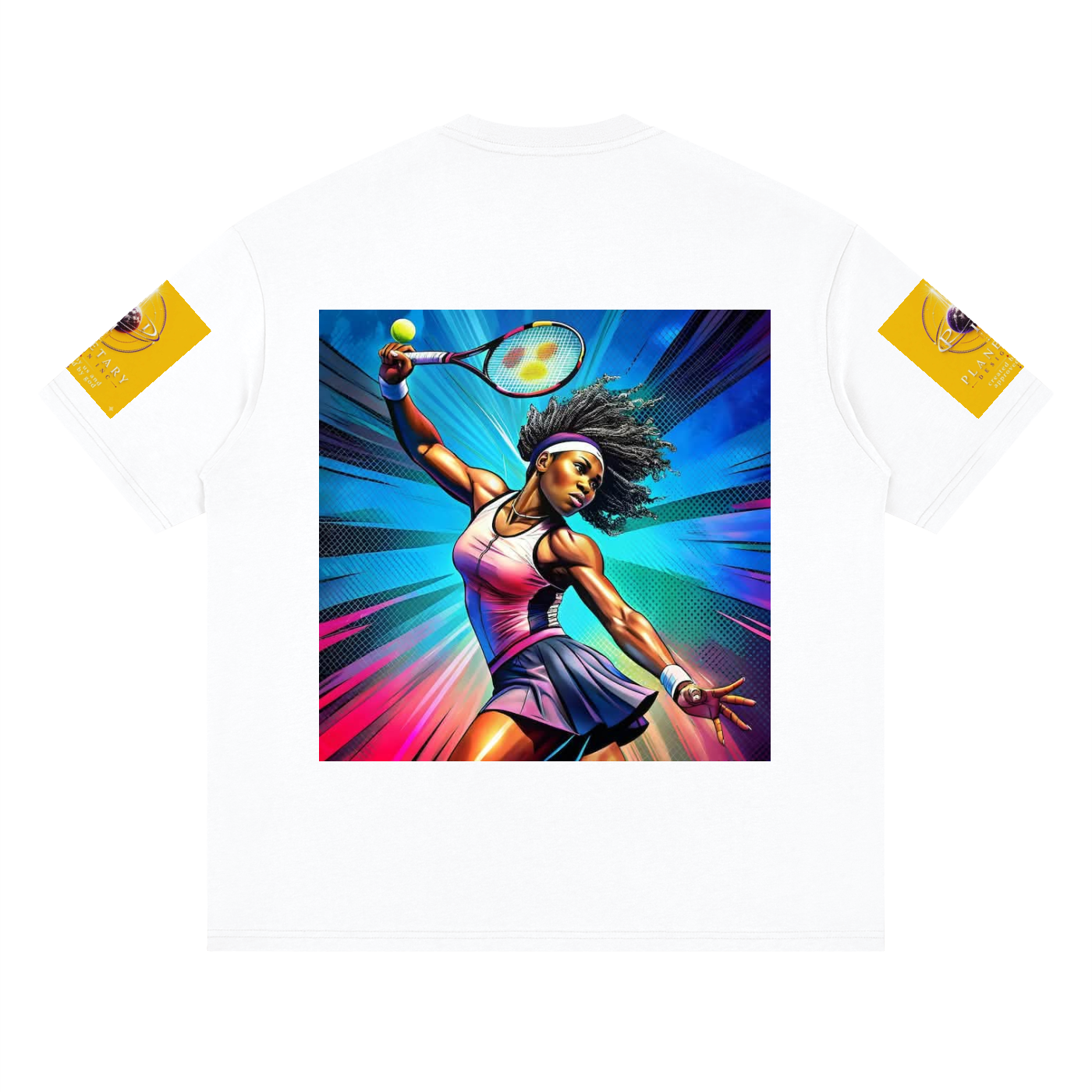 T-shirt with a graphic of a tennis player and colorful design on a white background