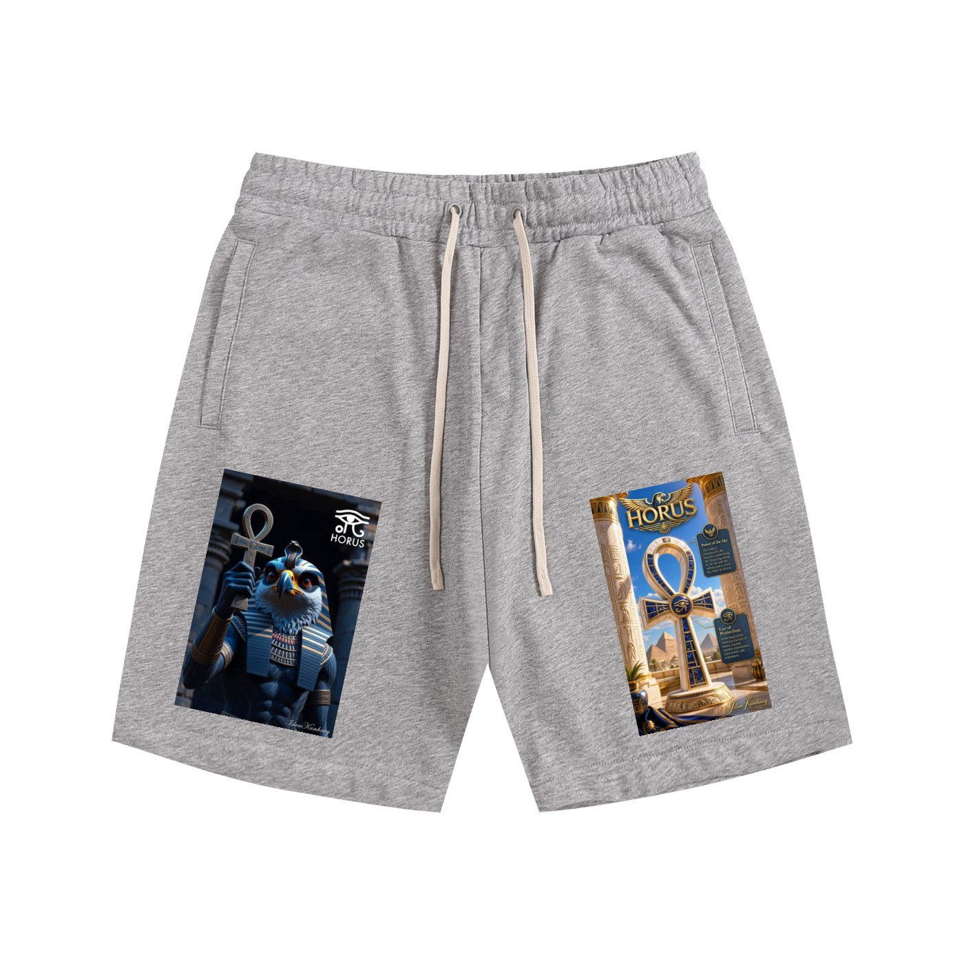 Light heather gray drawstring shorts with Egyptian-themed graphics printed on both legs, featuring an ankh symbol and a pharaoh illustration.