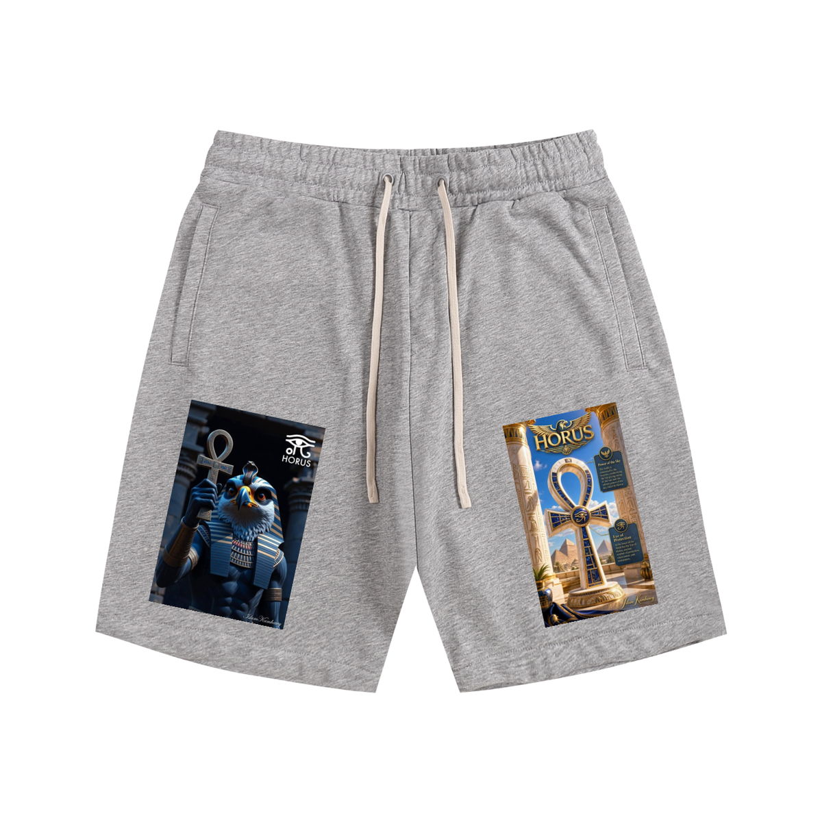 Light heather gray drawstring shorts with Egyptian-themed graphics printed on both legs, featuring an ankh symbol and a pharaoh illustration.
