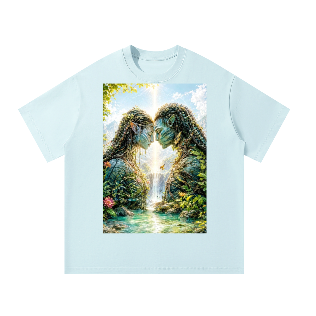 Light blue t-shirt with a nature-themed graphic of a waterfall and trees on a white background