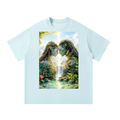 Light blue t-shirt with a nature-themed graphic of a waterfall and trees on a white background
