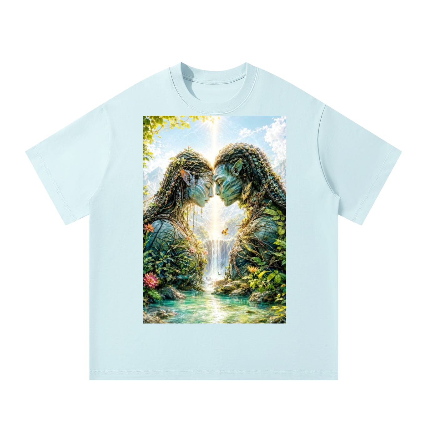 Light blue t-shirt with a nature-themed graphic of a waterfall and trees on a white background