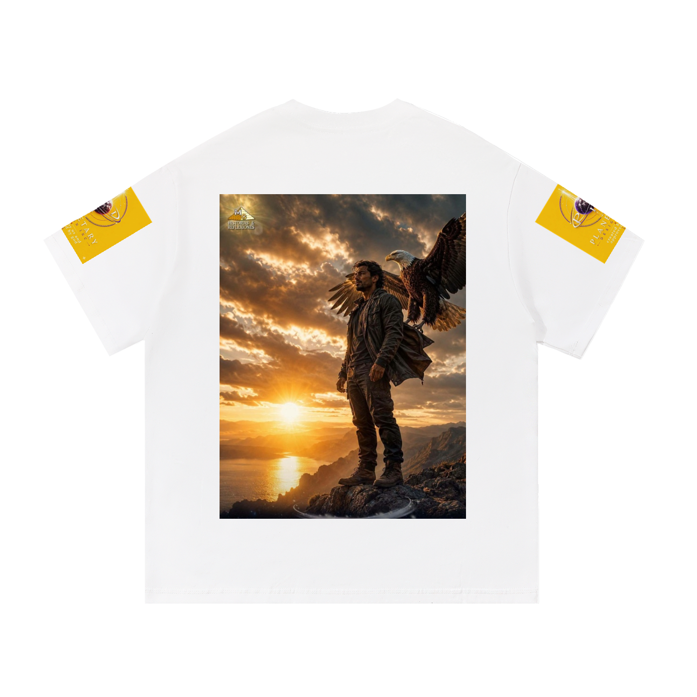A white short-sleeve t-shirt with a large rectangular graphic print on the back showing a man with a large eagle at sunset, with yellow graphic patches on both sleeves.