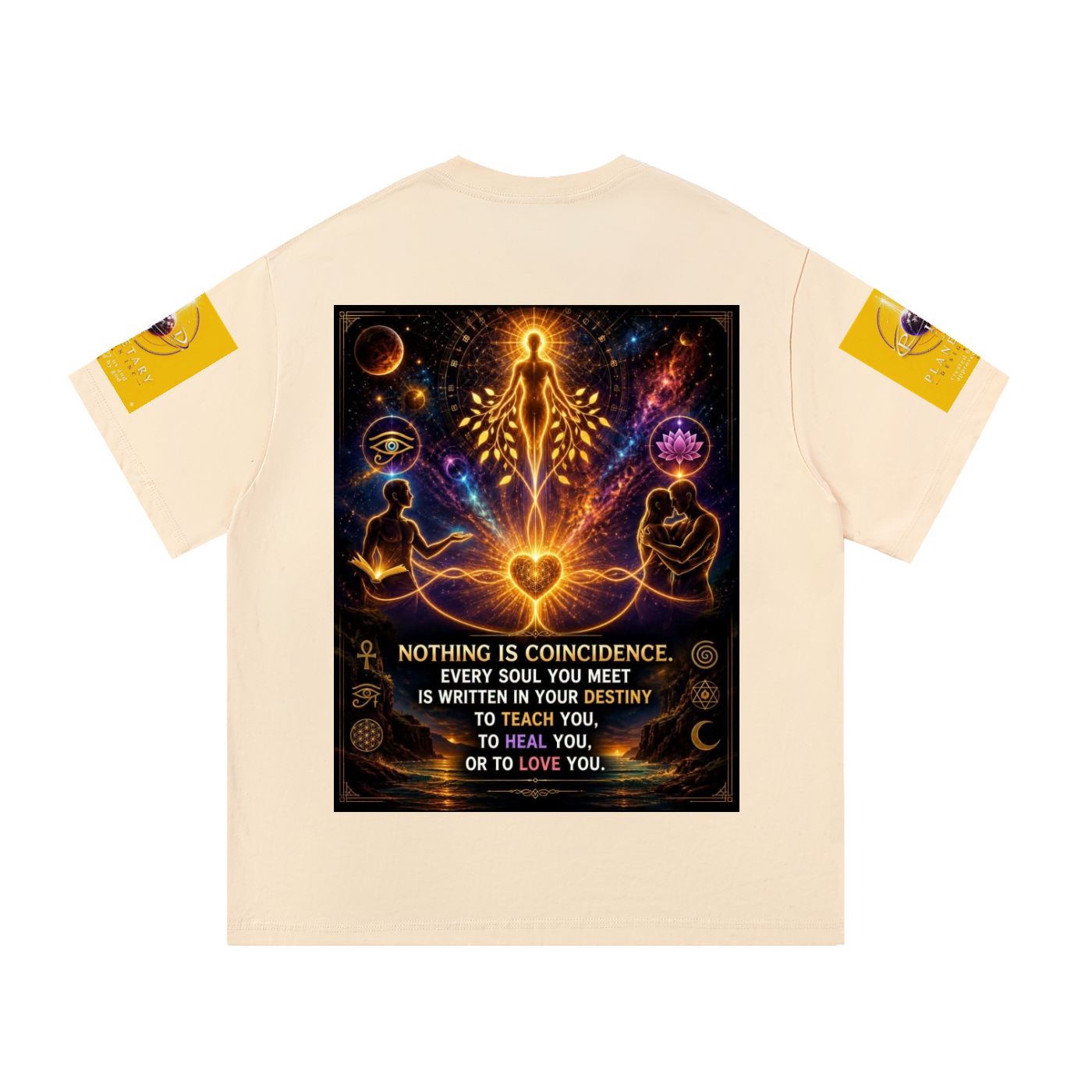 A cream-colored t-shirt with a large, colorful spiritual graphic on the front and yellow sleeve prints, displayed on a solid white background.