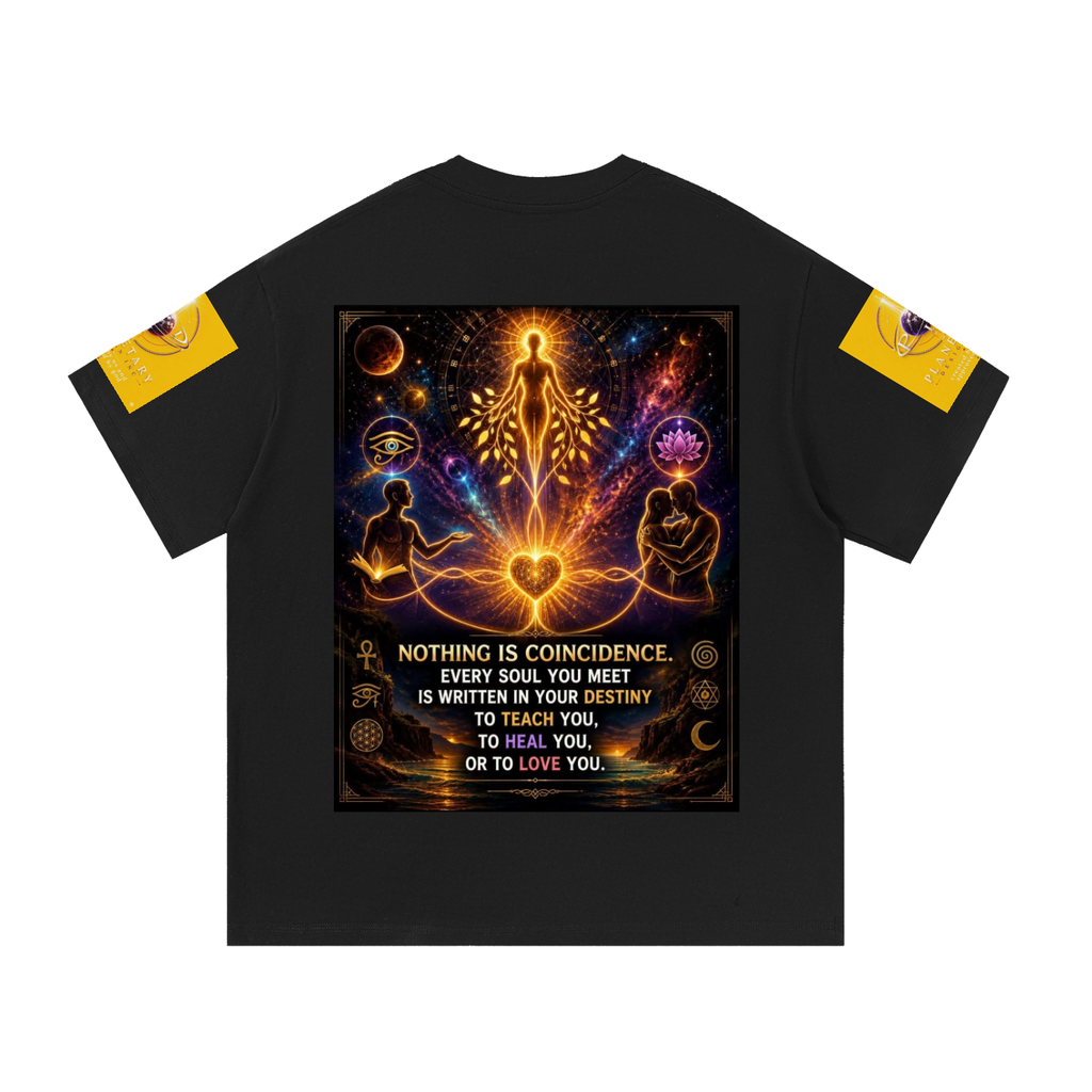 A black short-sleeve t-shirt with a large, colorful spiritual graphic on the front. The graphic features glowing chakra symbols, a central luminous figure, and text that reads, 'NOTHING IS COINCIDENCE.