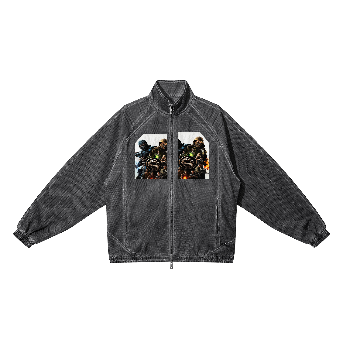 Black jacket with graphic designs on a white background