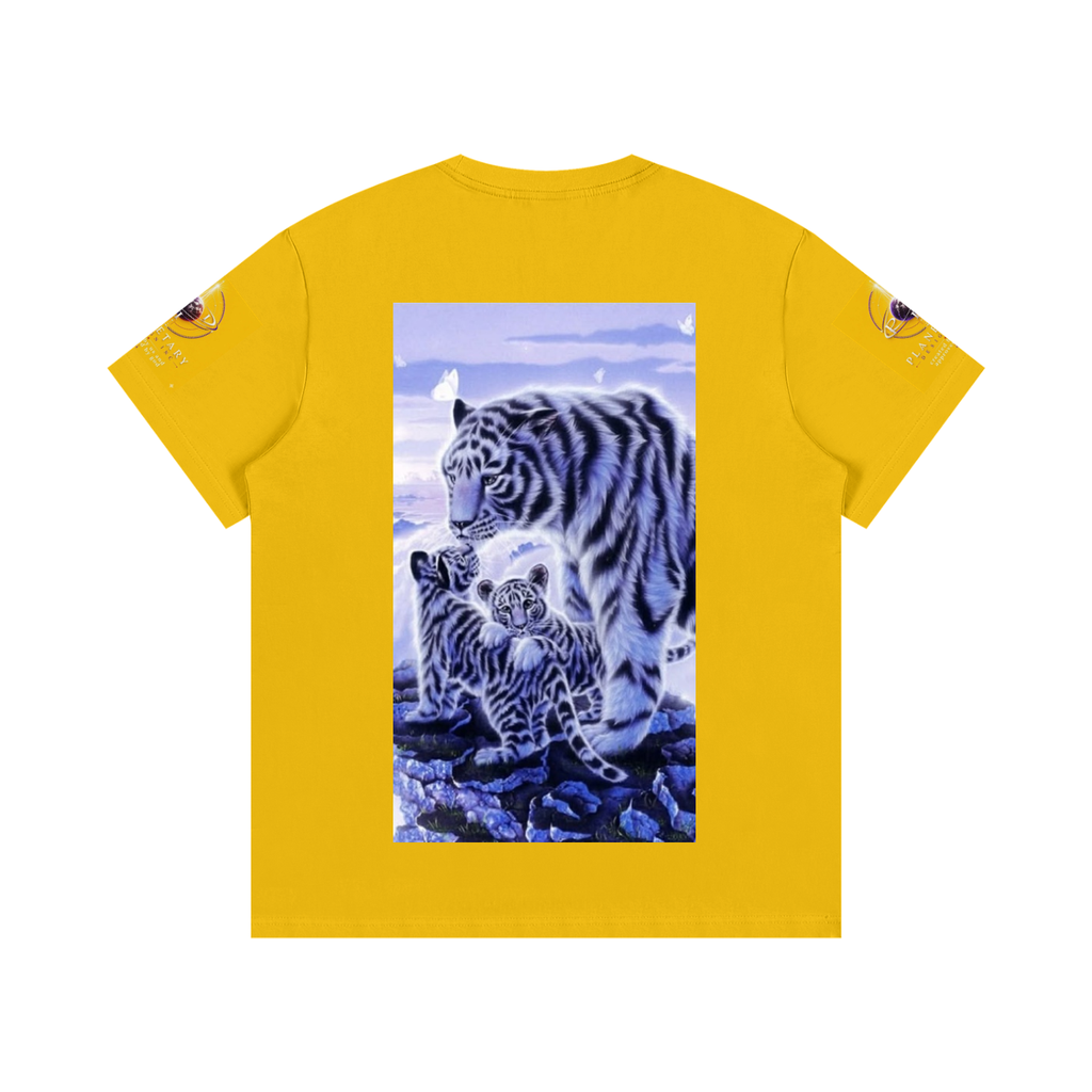Yellow t-shirt with a graphic of two tigers on a white background