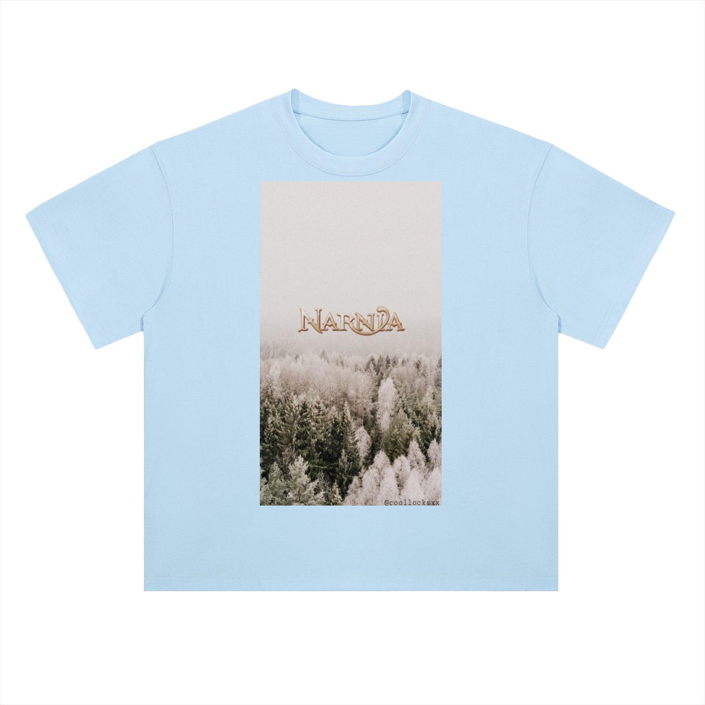 Light blue t-shirt with a 'Narnia' graphic on a white background