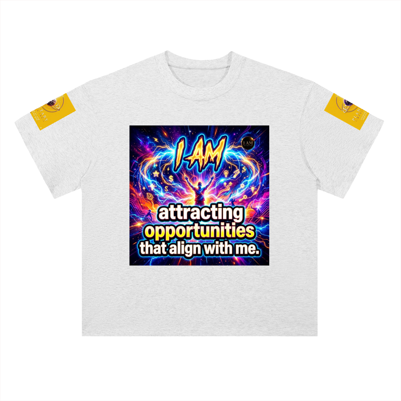 A white heather crewneck t-shirt featuring a colorful graphic print on the front with the text 'I AM attracting opportunities that align with me.' and yellow sleeve patches, shown on a plain white background.