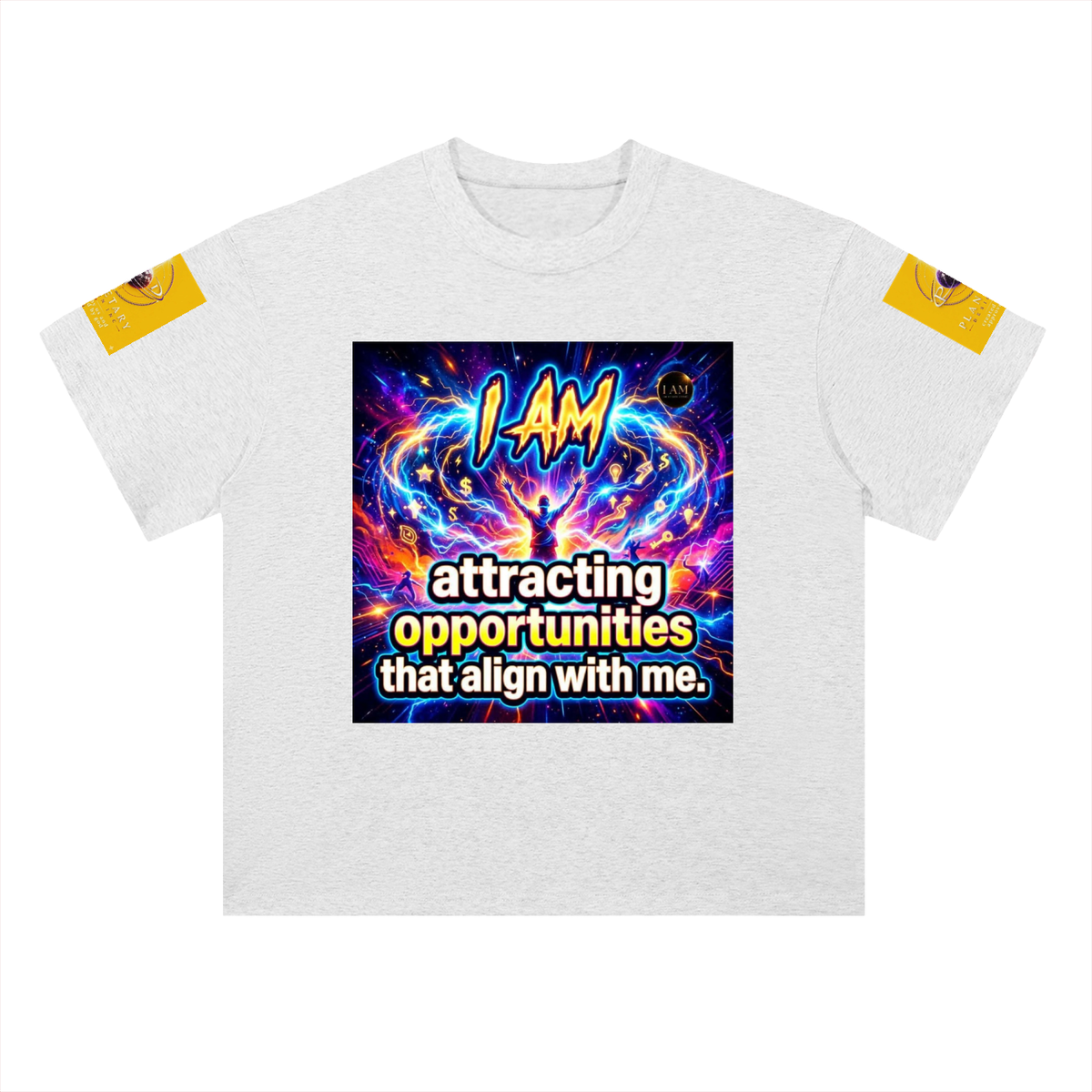 A white heather crewneck t-shirt featuring a colorful graphic print on the front with the text 'I AM attracting opportunities that align with me.' and yellow sleeve patches, shown on a plain white background.