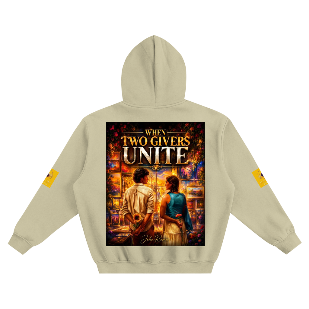 Beige hoodie with a graphic design on the back featuring two people and text.