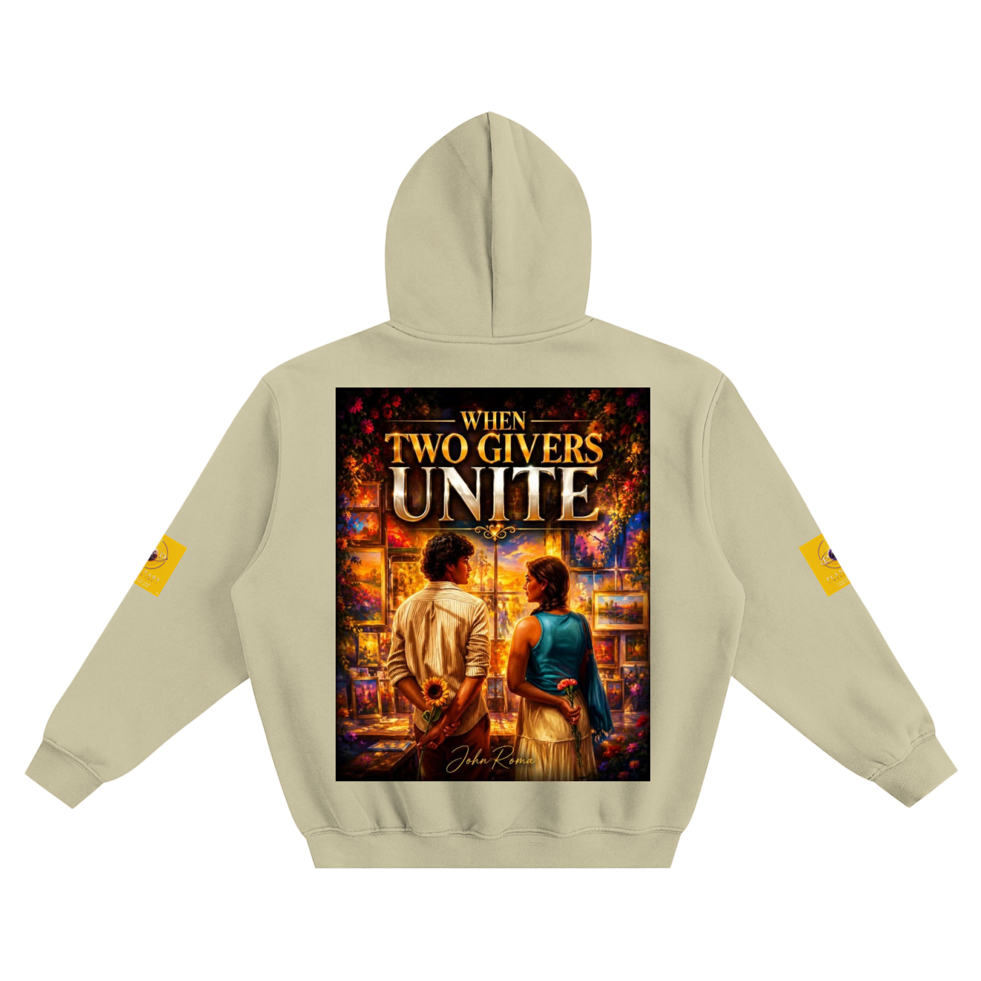 Beige hoodie with a graphic design on the back featuring two people and text.