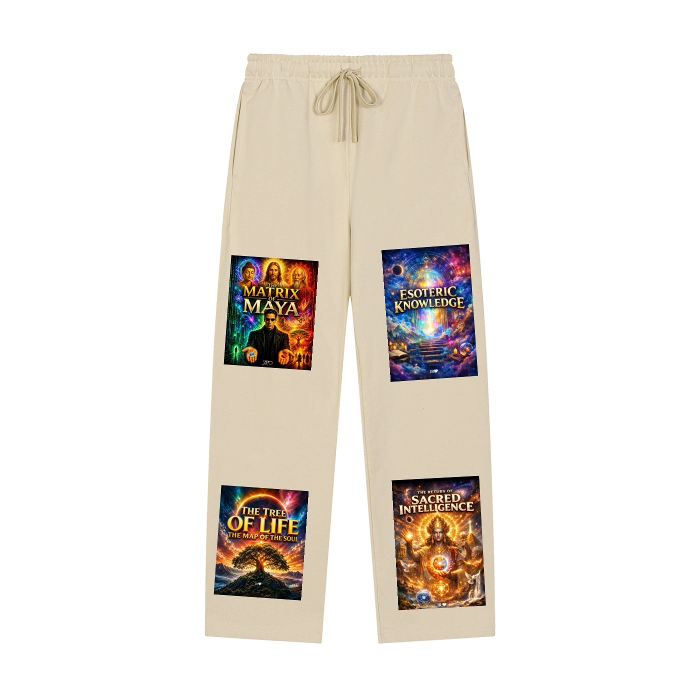 Beige drawstring sweatpants with four colorful book cover graphics printed on the legs, shown against a plain white background.