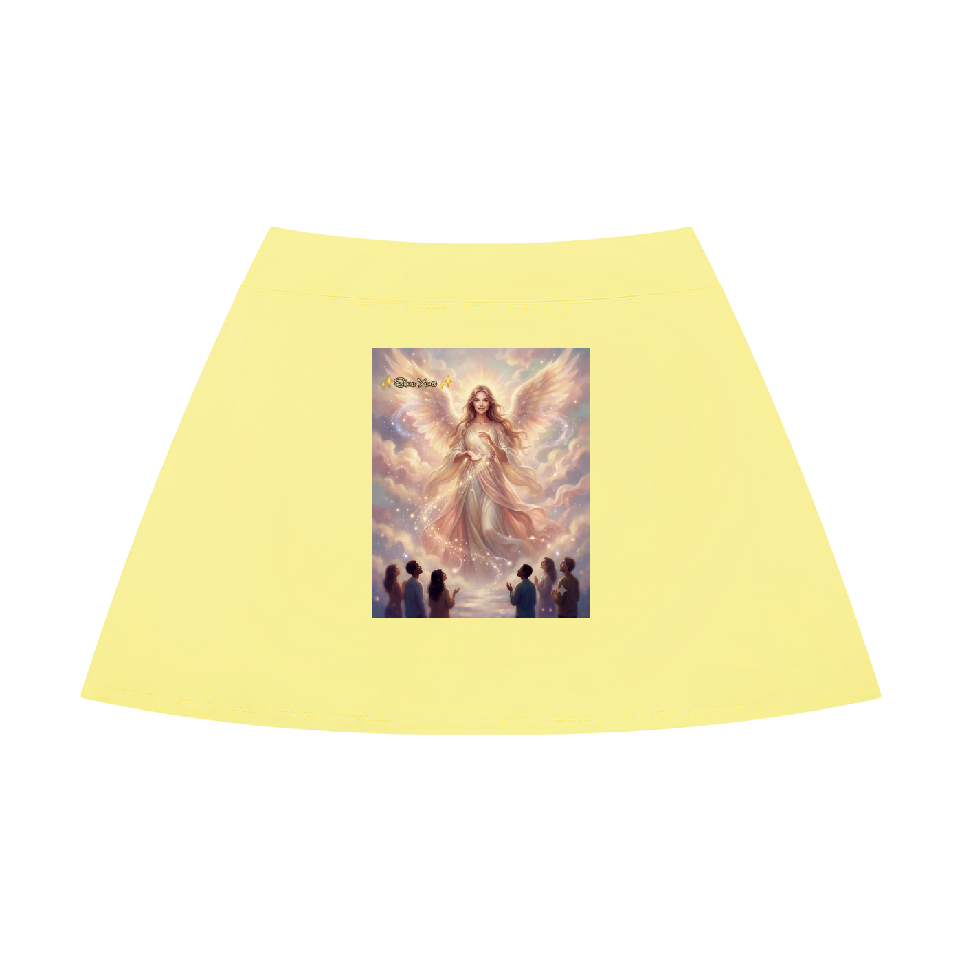 A pale yellow A-line skirt featuring a central graphic print of a winged angel figure surrounded by clouds, with small silhouetted figures at the bottom.