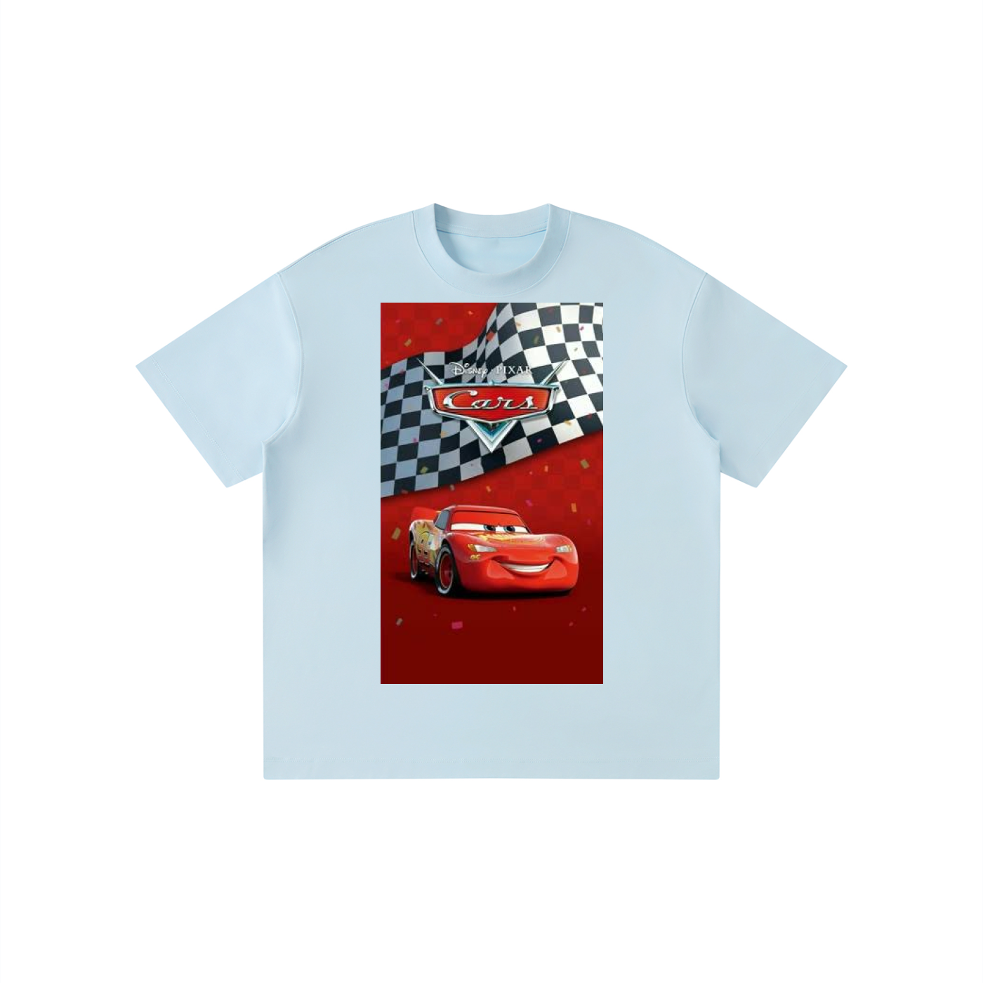 Light blue t-shirt with a Disney Cars graphic featuring a red car and checkered flag on a white background.