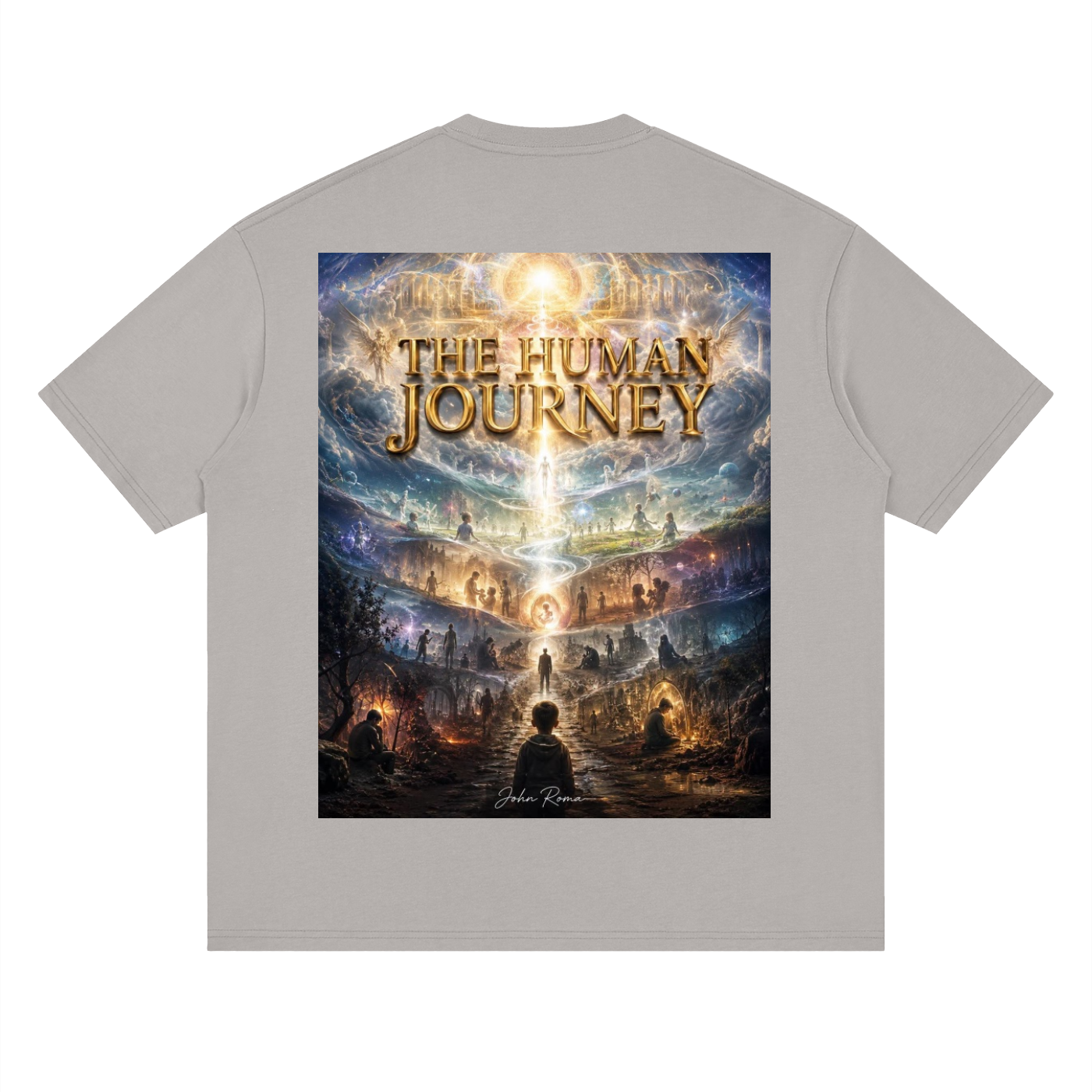 Gray t-shirt with 'The Human Journey' graphic design on a white background