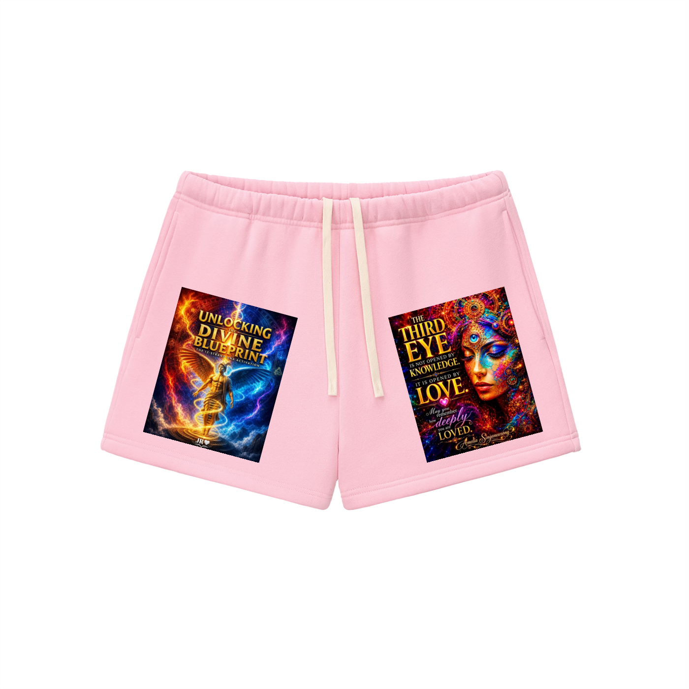 Light pink women's shorts with a cream drawstring and two colorful graphic prints on the front, displayed on a solid white background.