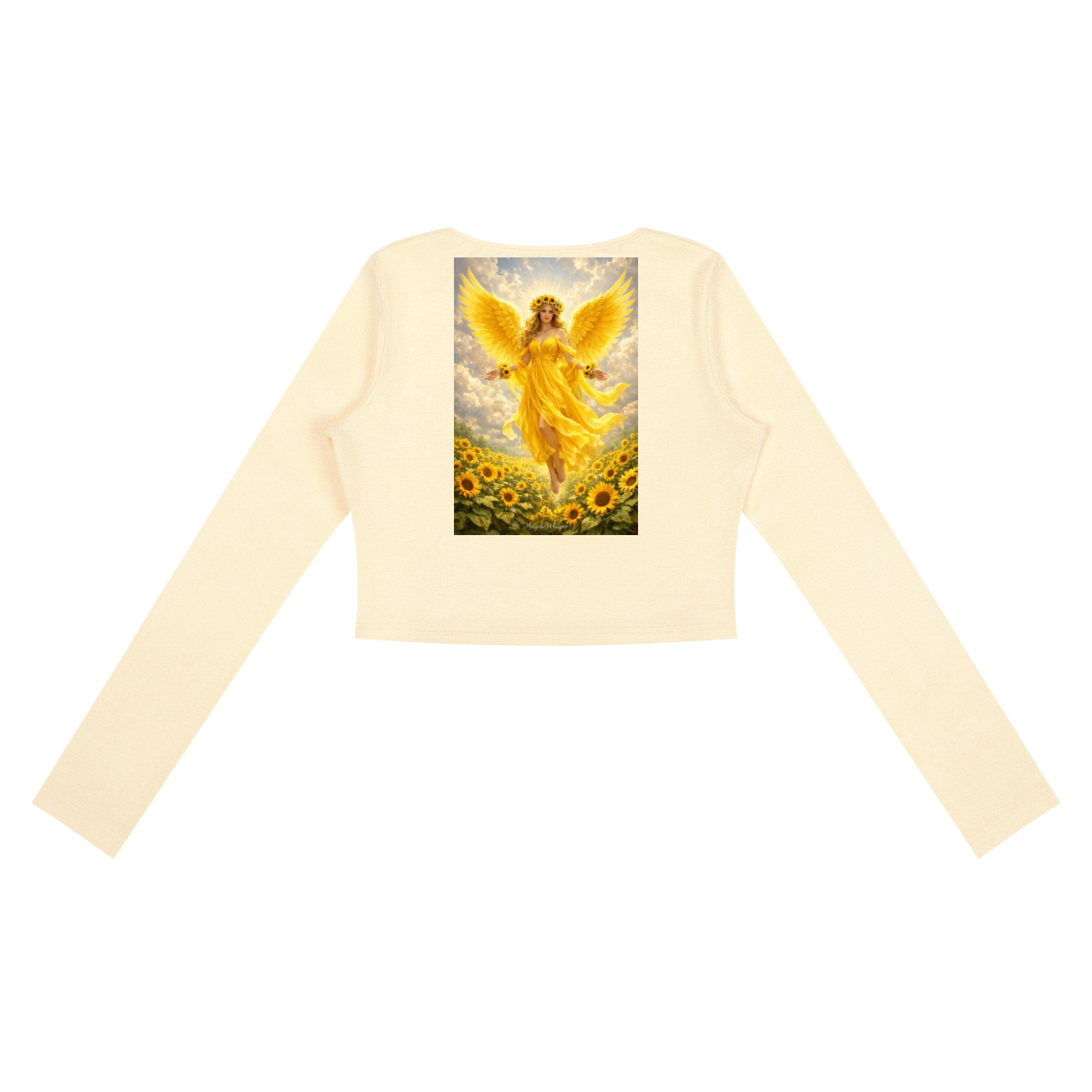 A cream-colored long-sleeve crop top featuring a large graphic print of a golden angel surrounded by sunflowers on the back, displayed against a solid white background.