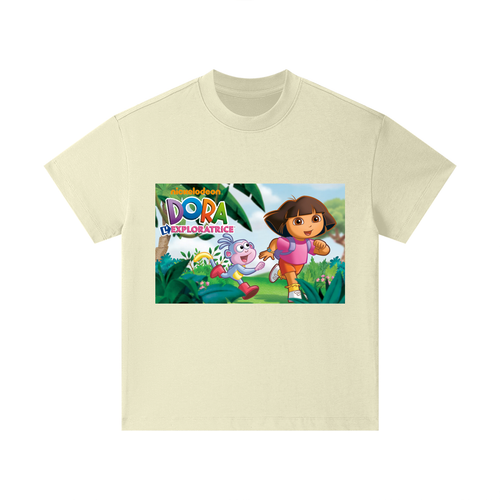 Beige t-shirt with Dora the Explorer graphic on a white background