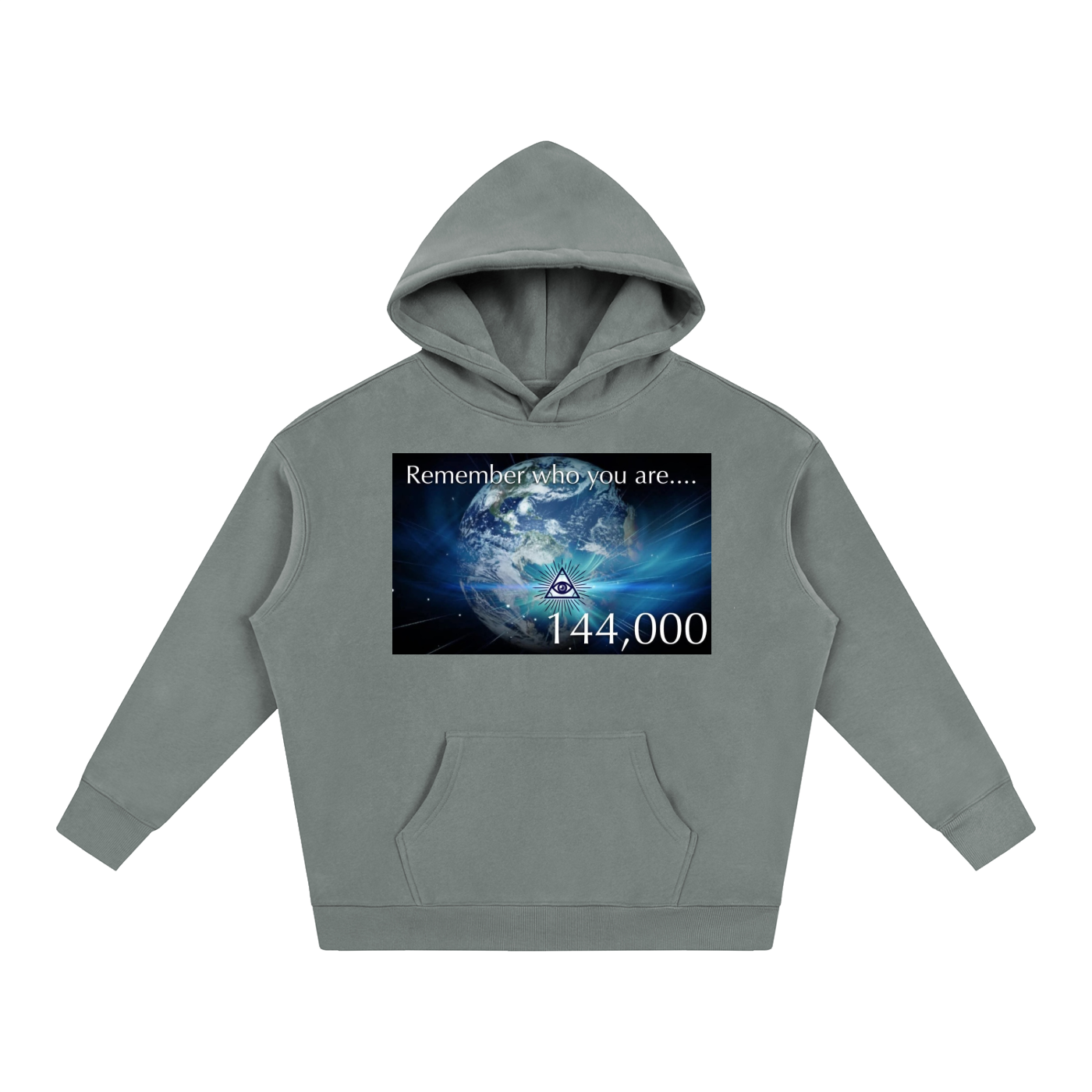 Gray hoodie with a graphic design on a white background