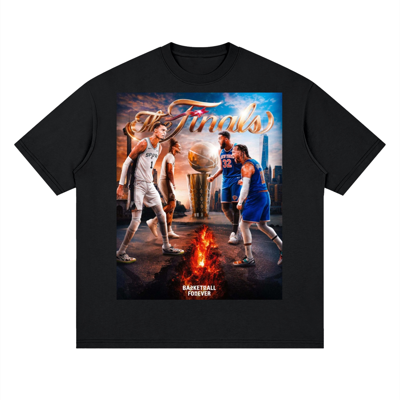 Navy blue t-shirt with a graphic of basketball players and 'The Finals' text on a white background