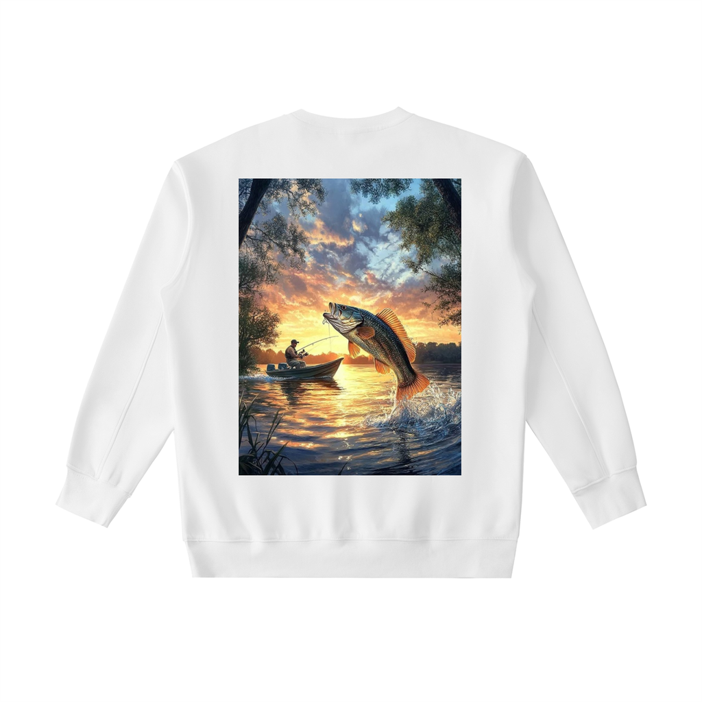 White sweatshirt with a graphic of a fish leaping out of water at sunset on a white background