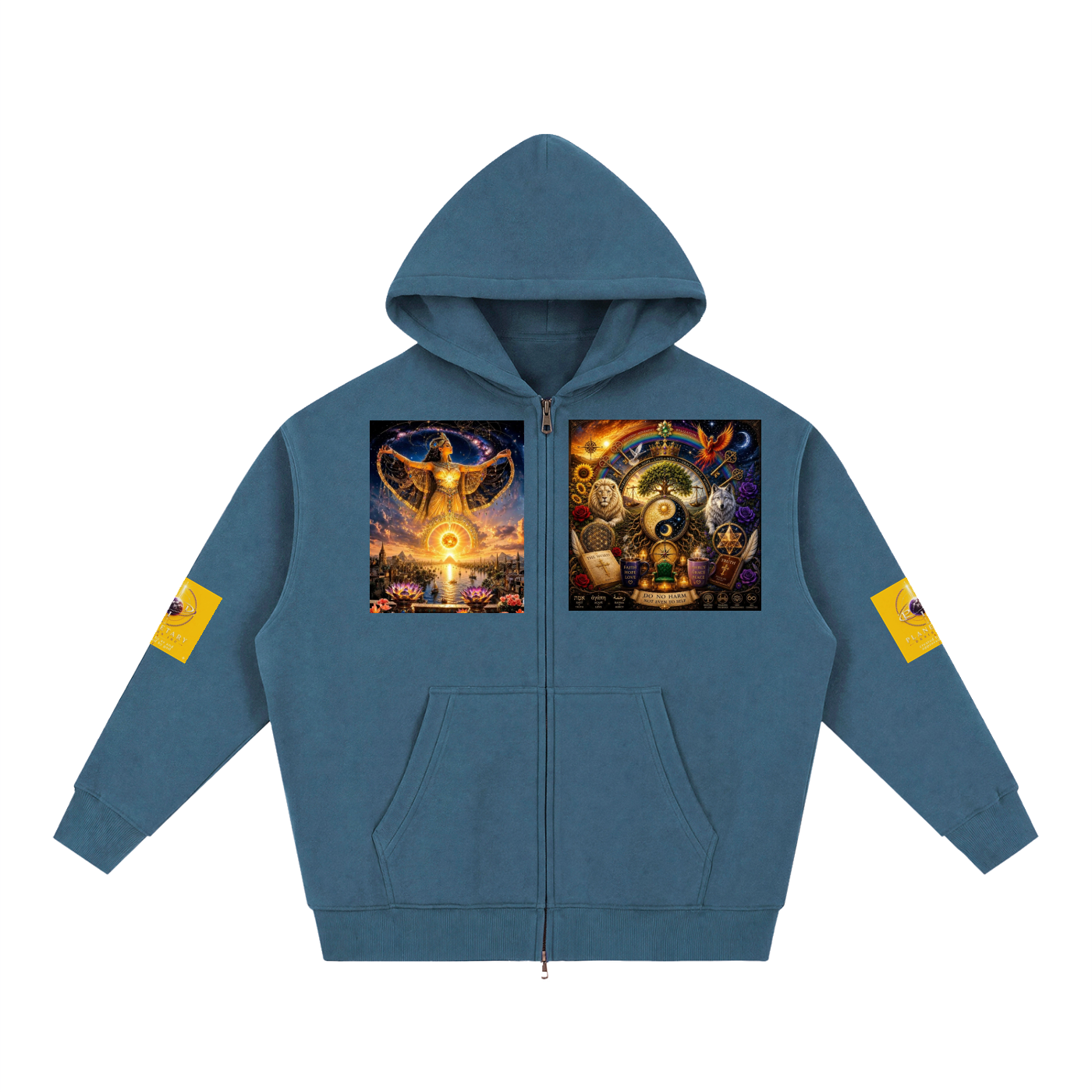 A blue zip-up hoodie with a full graphic print on the chest depicting a mystical scene with a glowing eye of providence and a deity, plus yellow patches on both sleeves, shown against a plain white background.