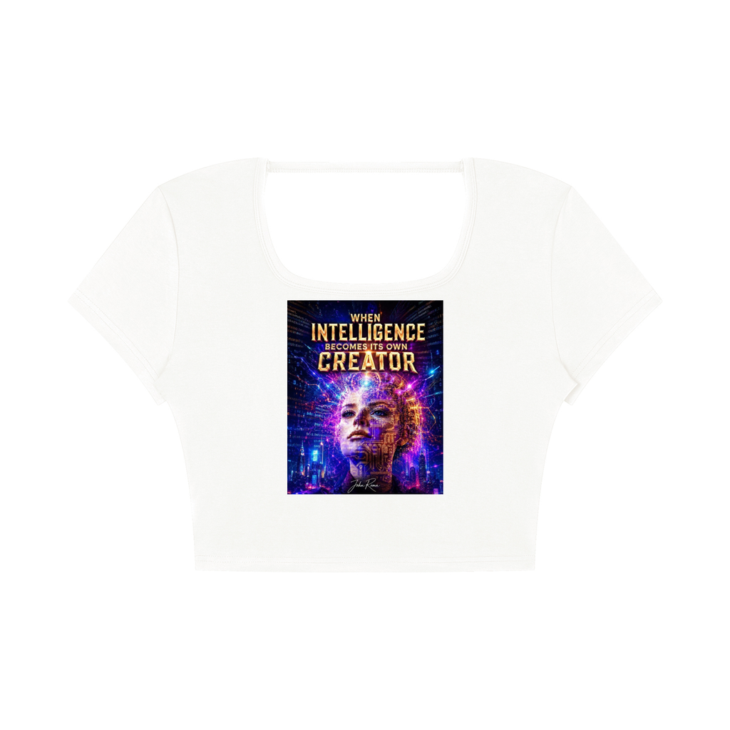 A white scoop-neck crop top featuring a colorful graphic print on the front with the text 'YOUR INTELLIGENCE IS THE CREATOR' and an illustration of a woman's face surrounded by glowing purple and blue digital patterns.