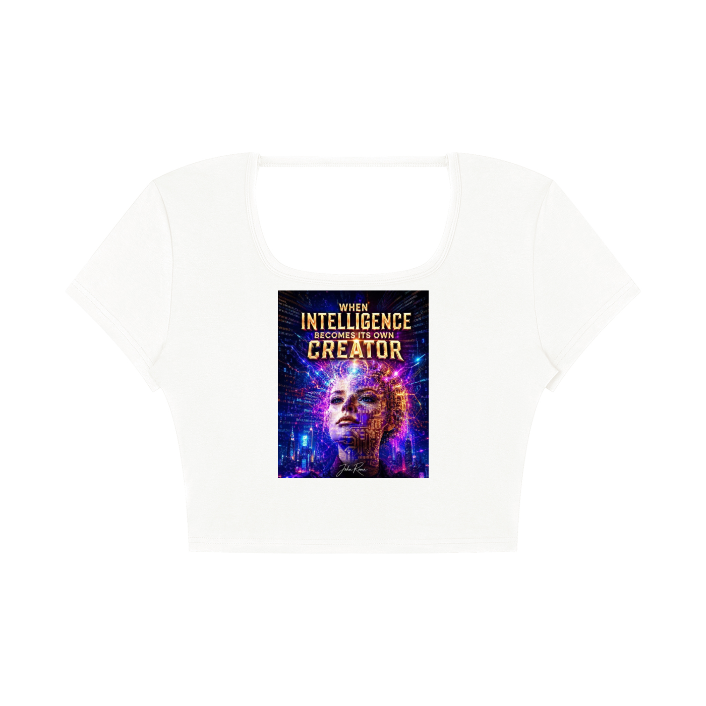 A white scoop-neck crop top featuring a colorful graphic print on the front with the text 'YOUR INTELLIGENCE IS THE CREATOR' and an illustration of a woman's face surrounded by glowing purple and blue digital patterns.