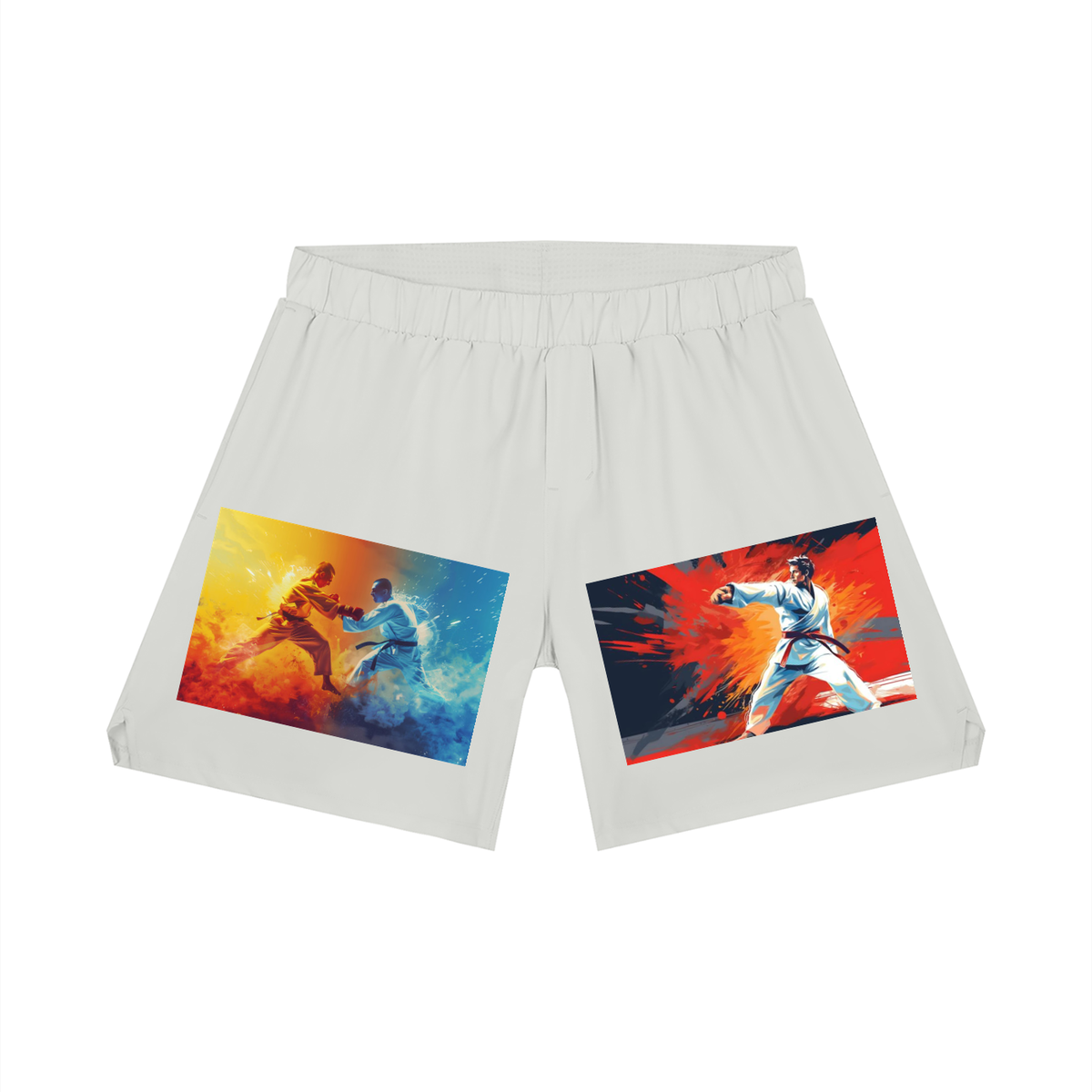 White shorts with graphic designs of martial artists on a white background