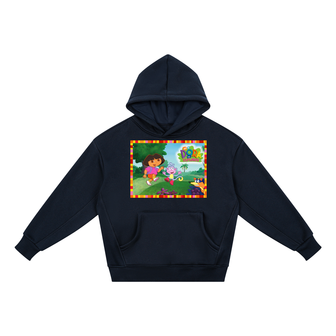 Black hoodie with Dora the Explorer graphic on a white background
