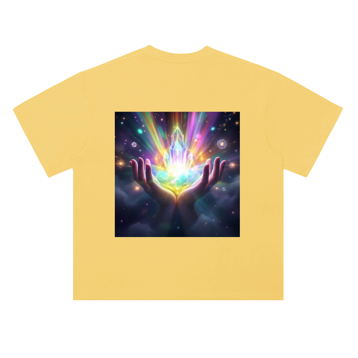Yellow t-shirt with a colorful design of hands holding a crystal ball on a white background