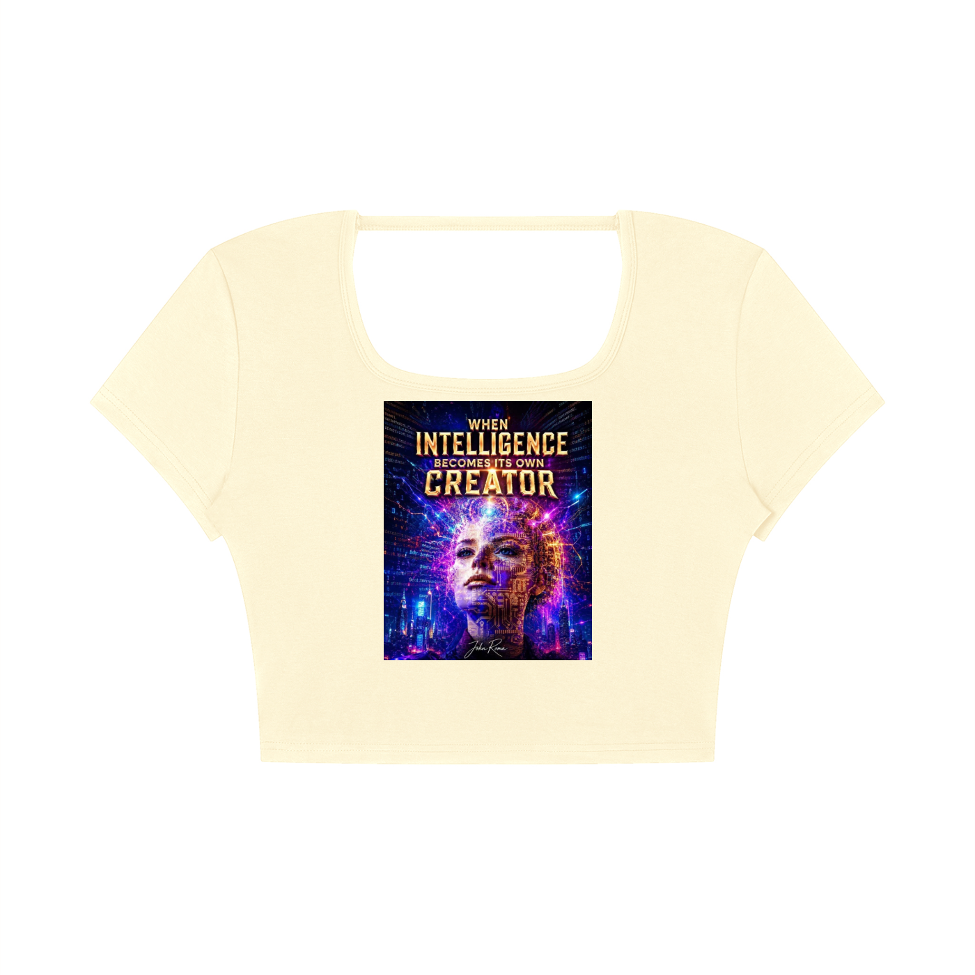 A pale cream-colored crop top t-shirt with a scoop neck, featuring a colorful graphic print on the front with the text 'YOUR INTELLIGENCE IS THE CREATOR'.