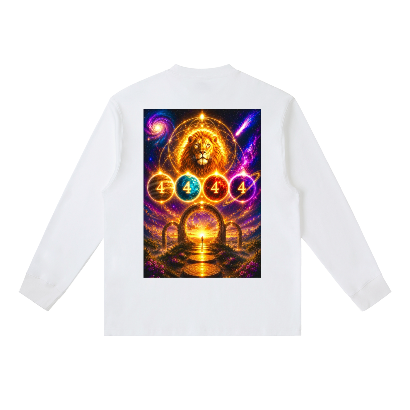 A white long-sleeve t-shirt shown from the back, featuring a large, vibrant graphic print of a glowing lion and cosmic symbols.