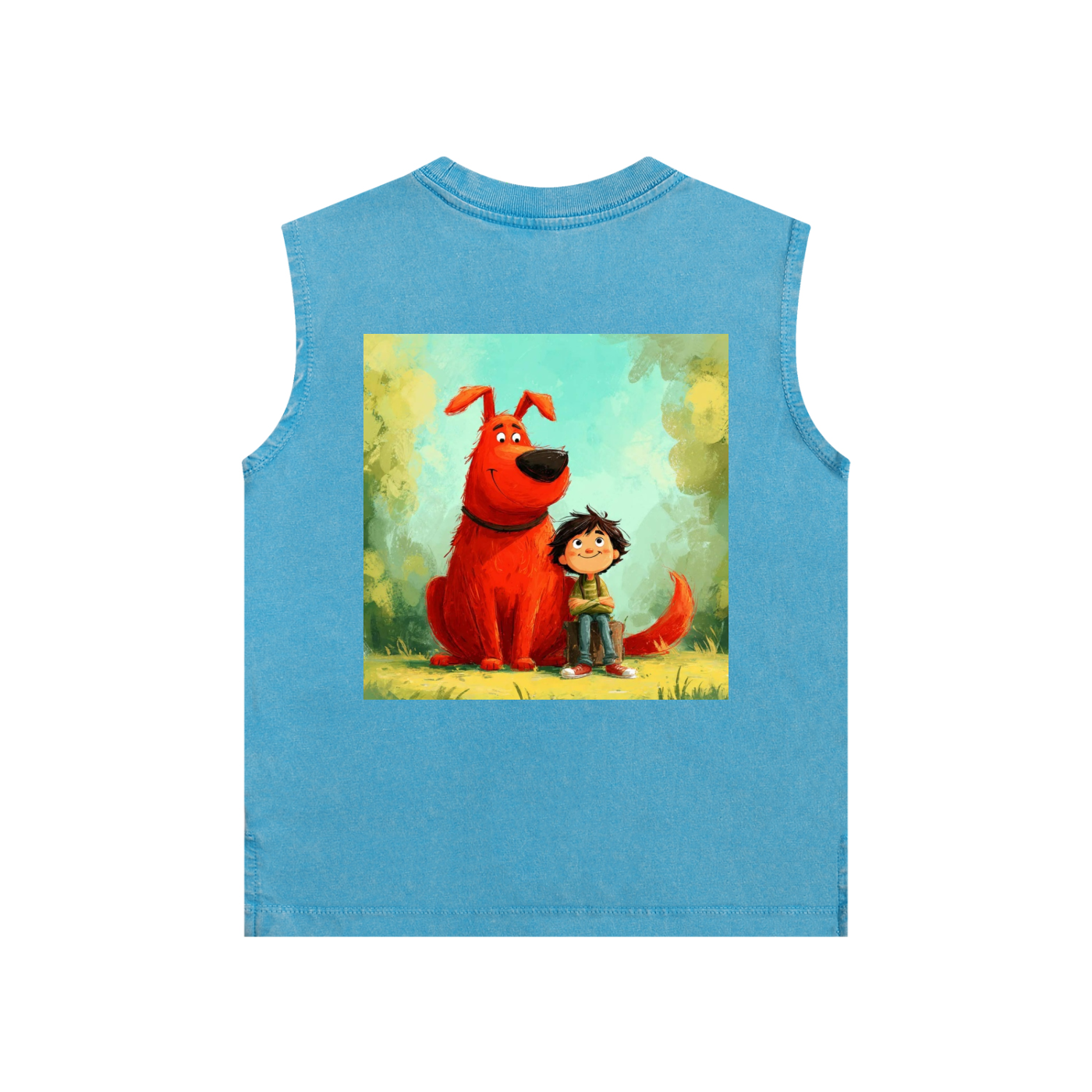 Blue sleeveless shirt with a cartoon design of a red dog and a child on a white background