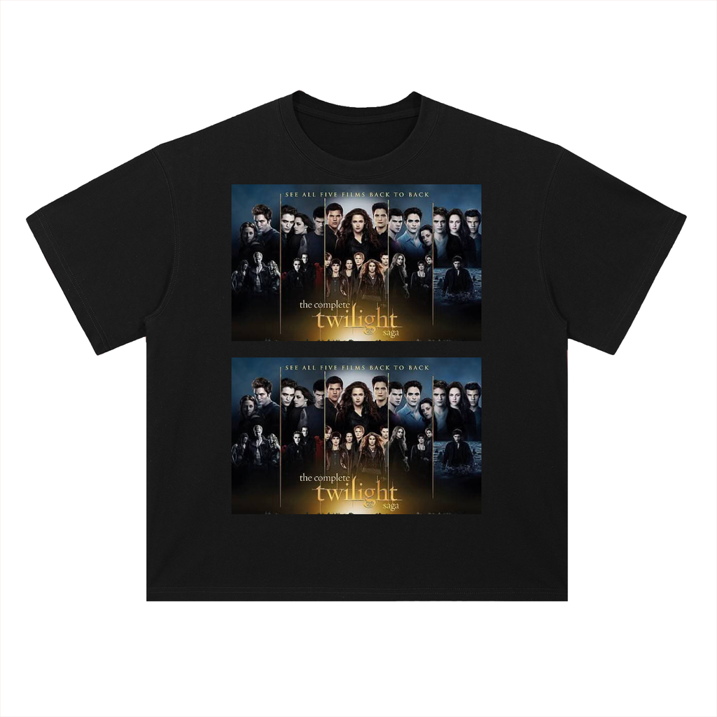 Black t-shirt with 'Twilight' movie poster design on a white background