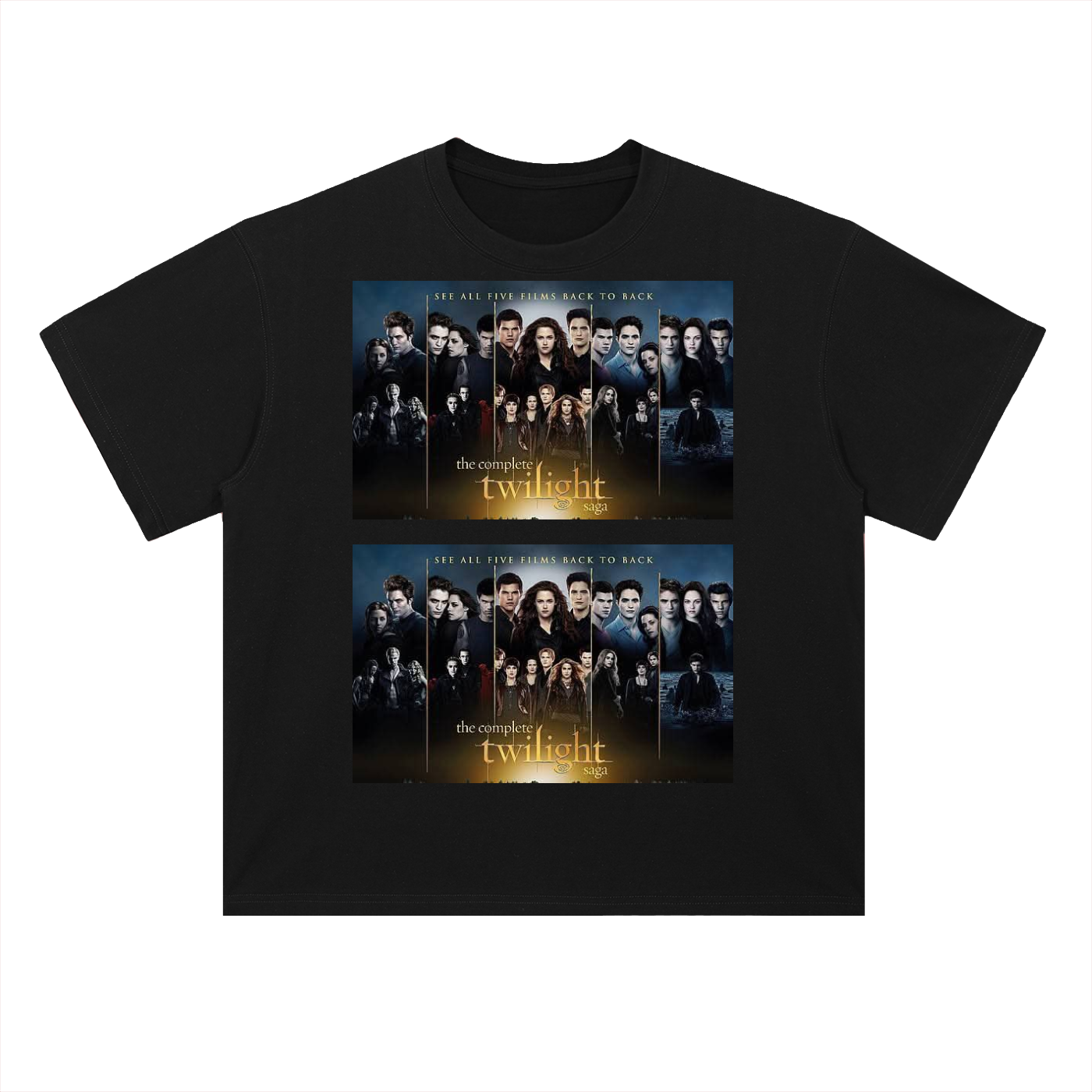 Black t-shirt with 'Twilight' movie poster design on a white background