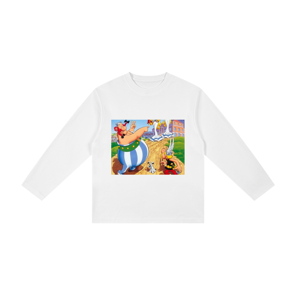 White long-sleeve shirt with a colorful graphic of a cartoon character on a white background