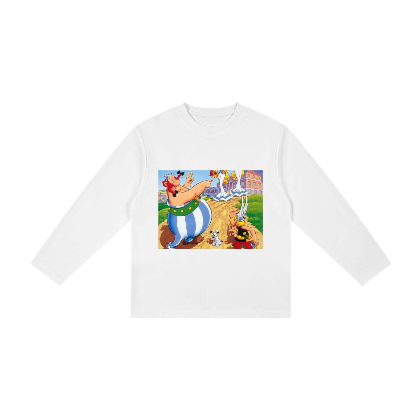 White long-sleeve shirt with a colorful graphic of a cartoon character on a white background