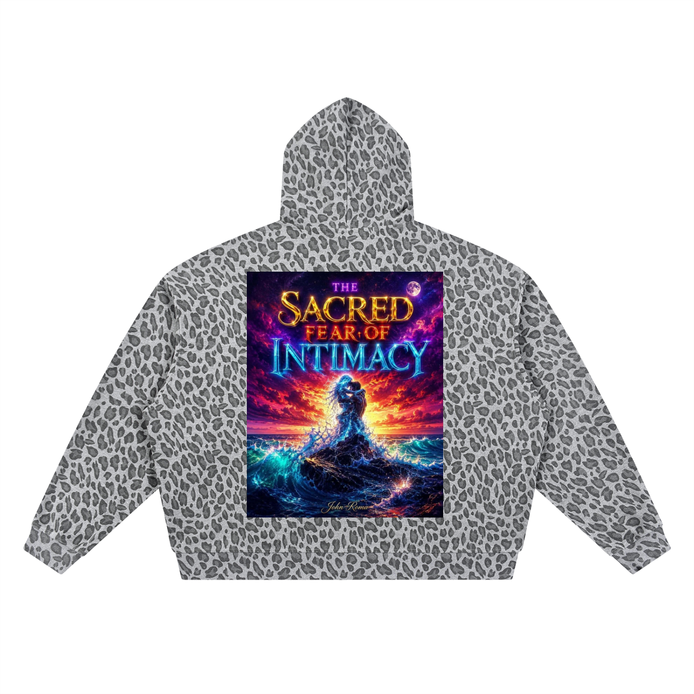 Leopard print hoodie with a graphic design on a white background